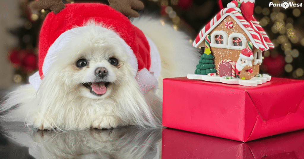Pomeranian dog wearing a festive Christmas hat, looking happy and joyful during the holiday season.