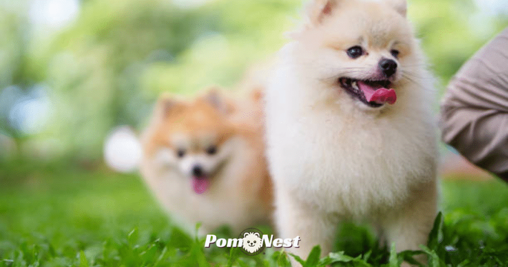 A fluffy Pomeranian dog standing in a green pasture