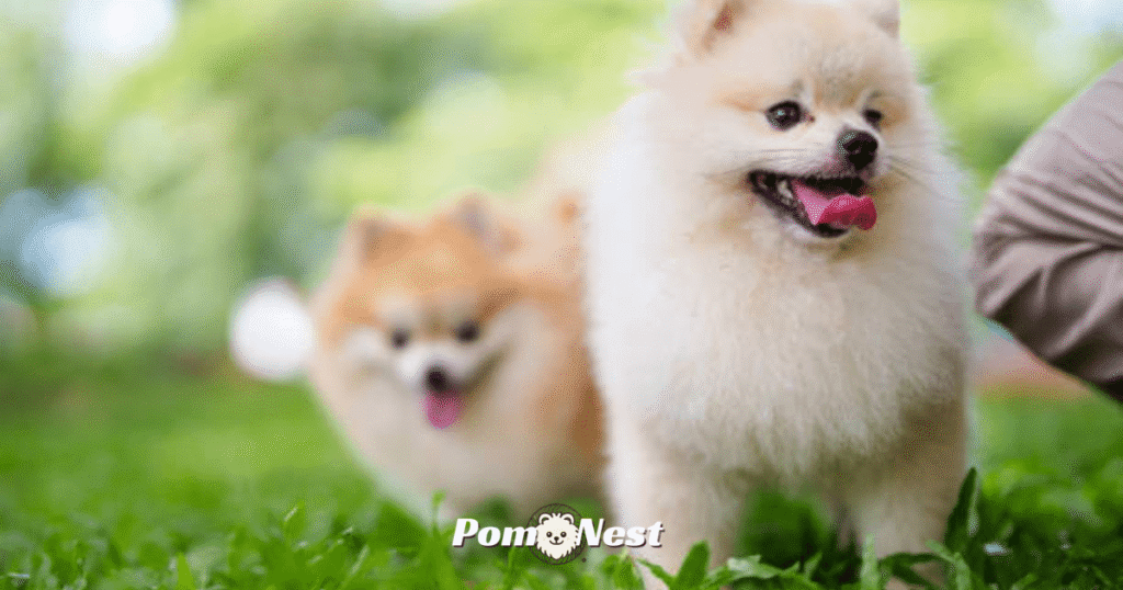 A fluffy Pomeranian dog standing in a green pasture.