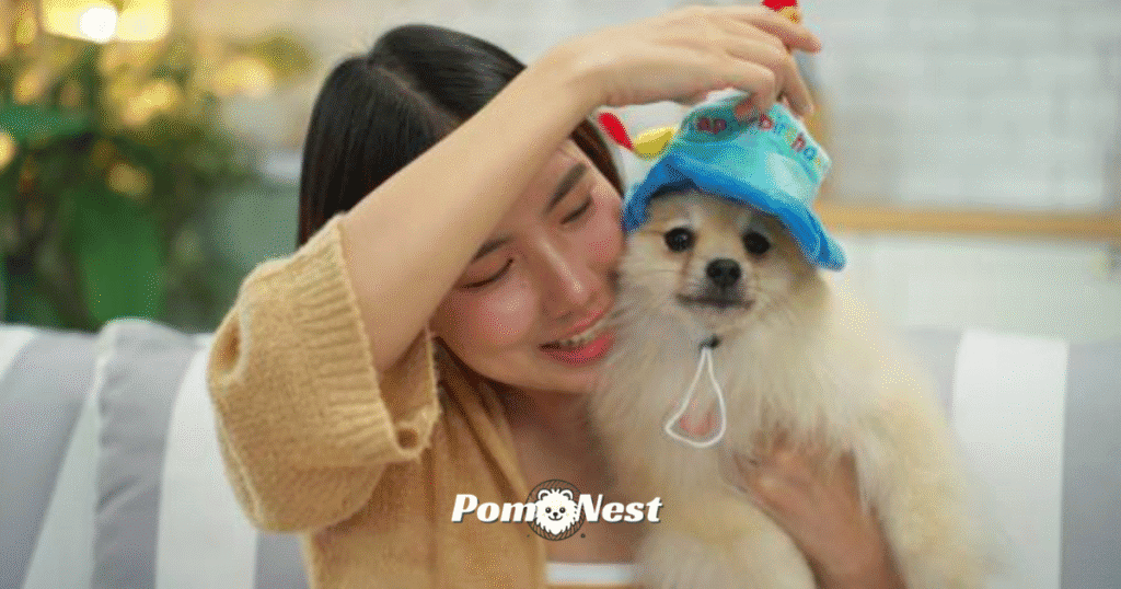 A fluffy Pomeranian enjoying cuddle time with its owner, highlighting cozy and bonding activities for Pomeranians.