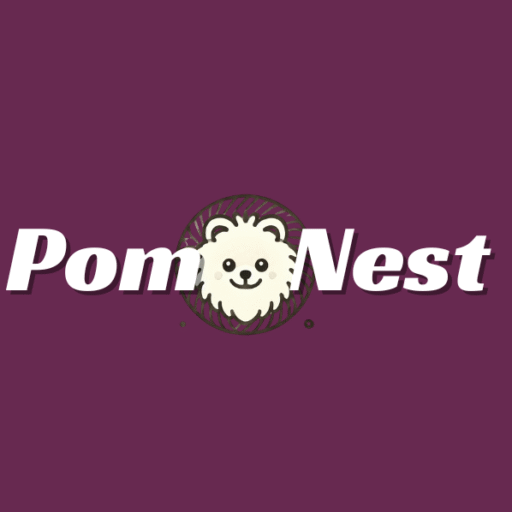 PomNest logo featuring a playful Pomeranian dog icon with elegant text