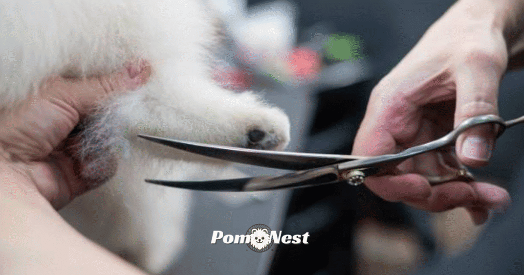 A groomer carefully cutting the hair of a Pomeranian dog, emphasizing maintenance needs when considering how much does a Pomeranian cost in overall care expenses.