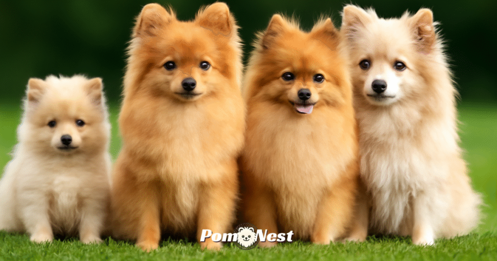 Four Pomeranian dogs sitting on the grass, showcasing different ages or lifespan: a fluffy cream-colored puppy, a youthful reddish-orange dog, a mature orange adult, and a senior cream-colored Pomeranian. The dogs are peacefully positioned side by side on a lush green lawn.