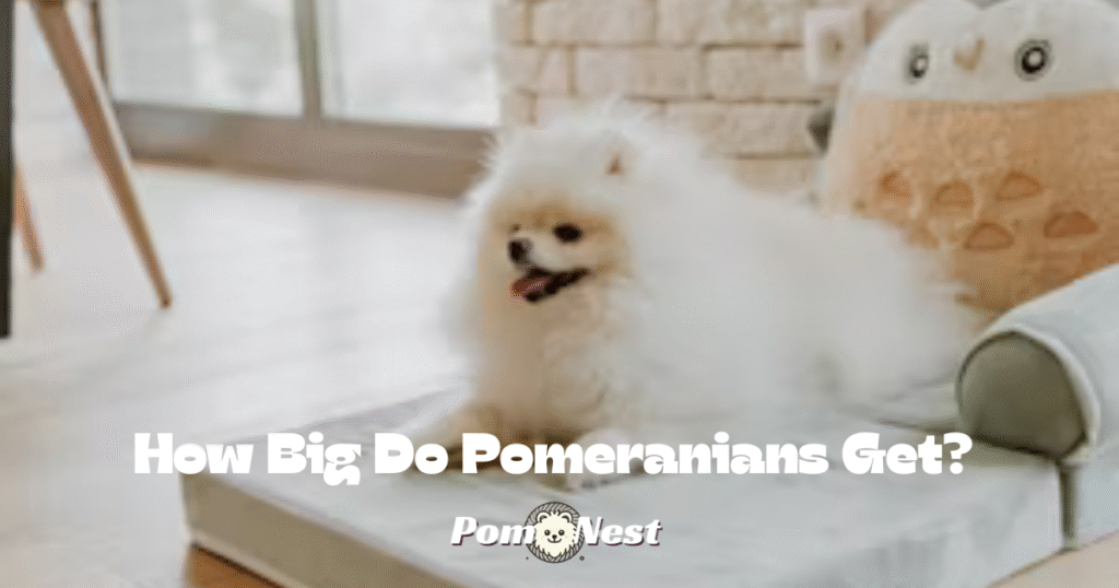 Pomeranian dog sitting on a mattress, showcasing the compact pomeranian size in a cozy indoor setting.