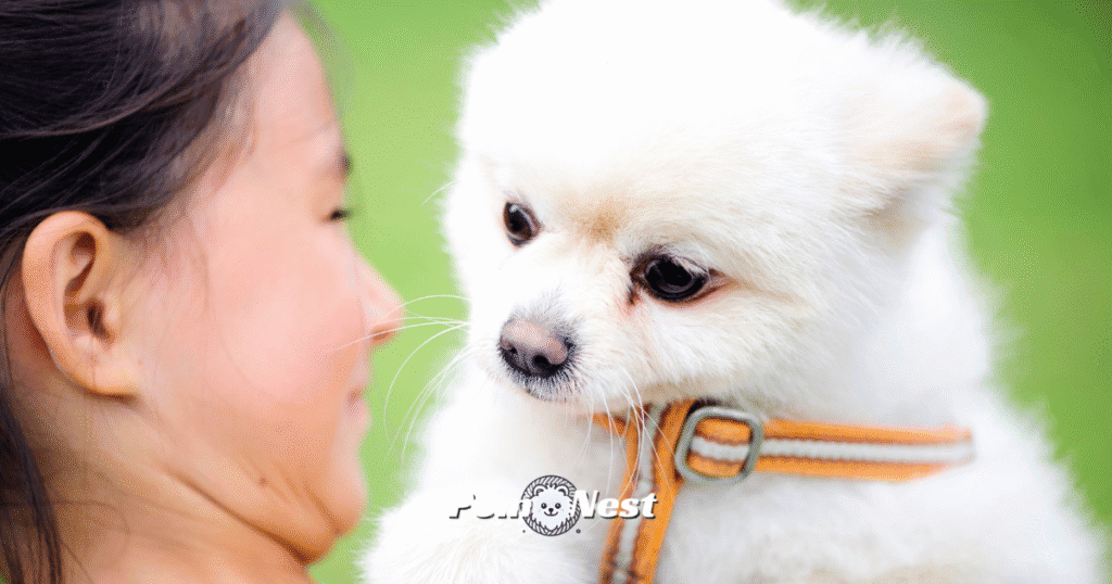A close-up of a Pomeranian dog being gently held in a girl's hands, symbolizing emotional support and the potential role of a Pomeranian as a service dog.