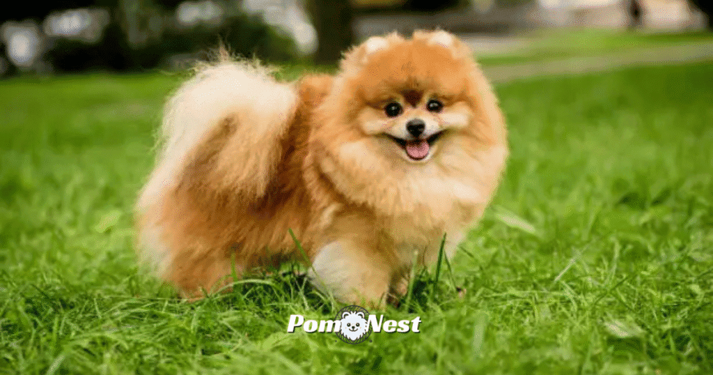 A Pomeranian dog standing confidently on a grassy plot, showcasing its alert nature and suitability for training as a service dog.