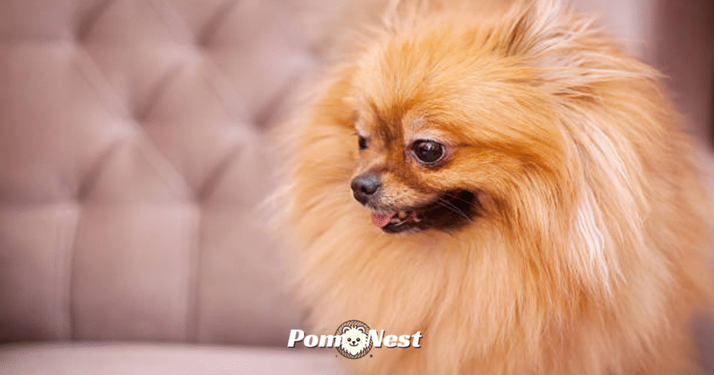 Alert and playful Pomeranian dog standing attentively, showing its curious and energetic behavior.