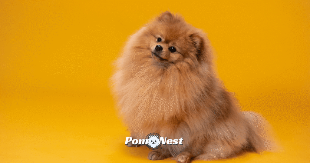 An orange Pomeranian dog perfectly representing one of the most popular Pomeranian colors.