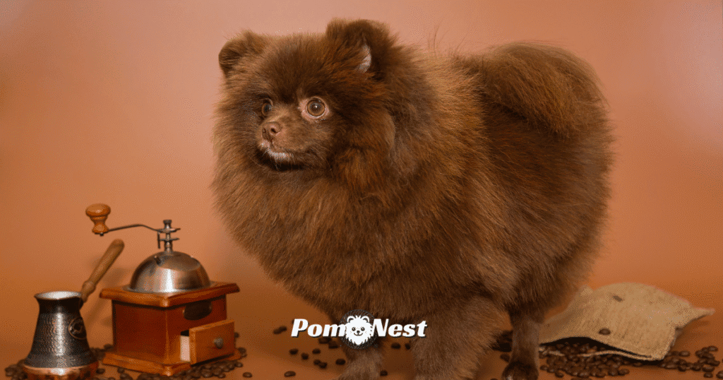 A chocolate Pomeranian dog with a rich, deep brown coat and matching nose, beautifully illustrating the warmth of rare Pomeranian colors.