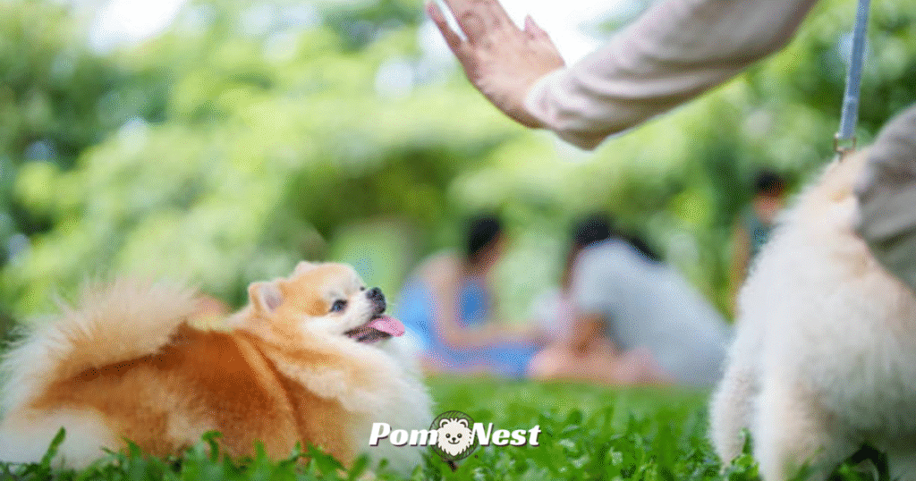 A Pomeranian dog in a green pasture standing beside its owner, enjoying the outdoors with grass