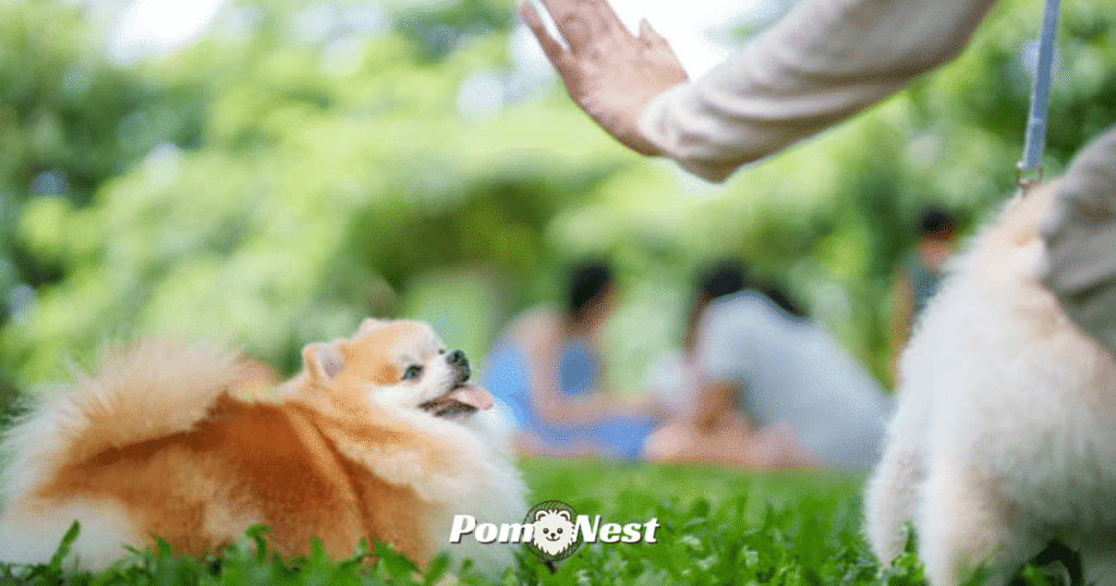 Pomeranian dog playfully reacting as the owner points their palm towards it during a fun bonding moment.