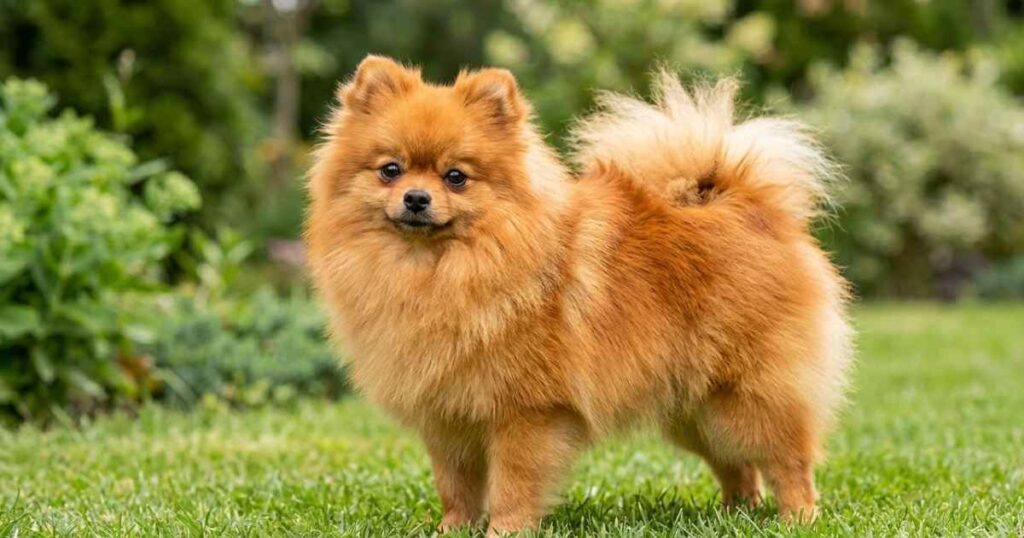 What does a Pomeranian look like, fluffy orange Pomeranian standing on grass