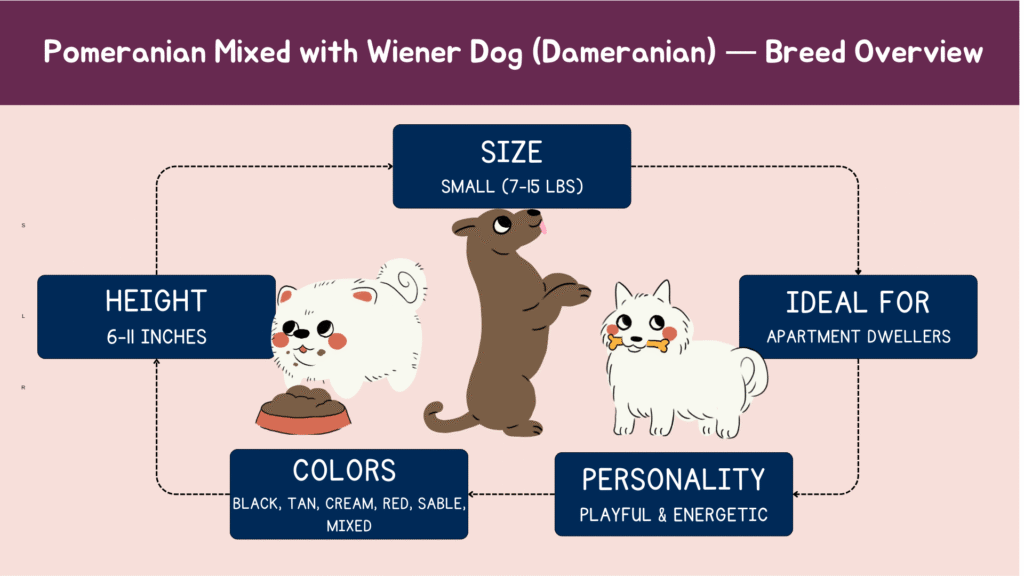 Infographic displaying quick facts about the pomeranian mixed with wiener dog, including size, personality traits, coat colors and exercise requirements.