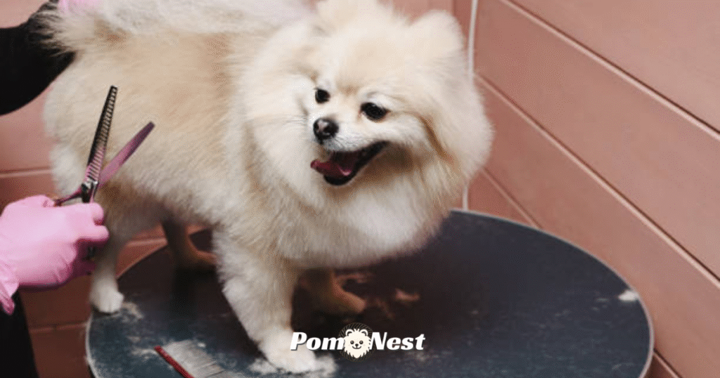 A groomer carefully cutting the fur of a Pomeranian dog to create the pomeranian with a teddy bear haircut style, using grooming scissors while gently holding the dog.