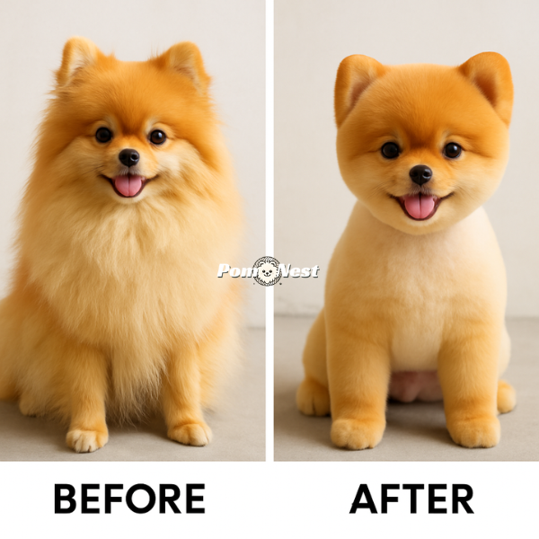 Side-by-side comparison of a Pomeranian dog before and after getting the pomeranian with a teddy bear haircut, highlighting the transformation to a rounded, plush look.