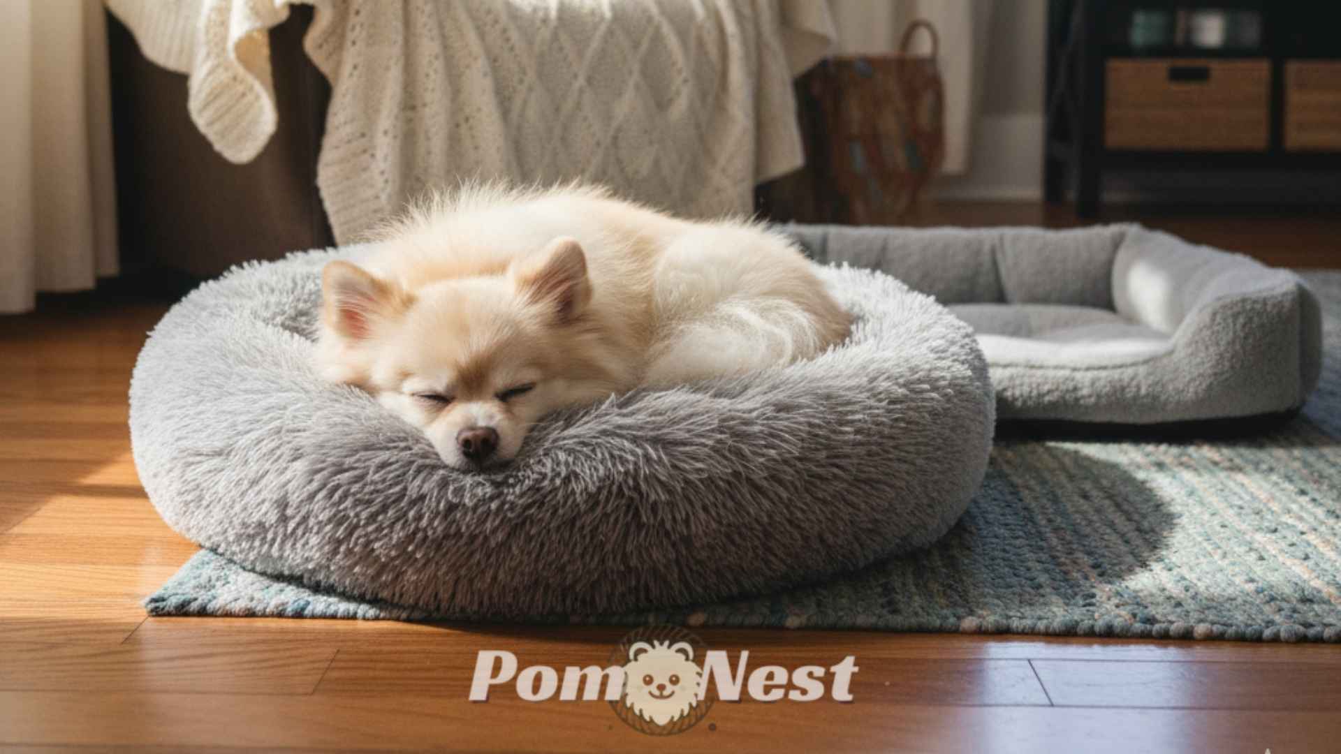 A Pomeranian peacefully sleeping in a cozy dog bed, showing the comfort and support of the best dog beds for Pomeranians.