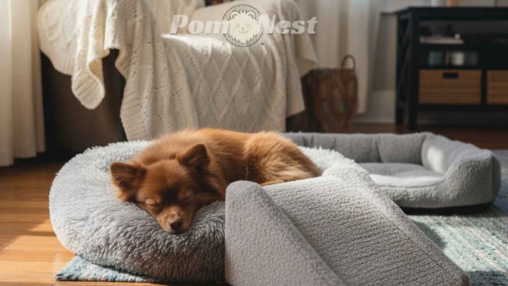 A small Pomeranian enjoying a restful nap in a supportive dog bed, perfectly illustrating the comfort of premium dog beds for Pomeranians.