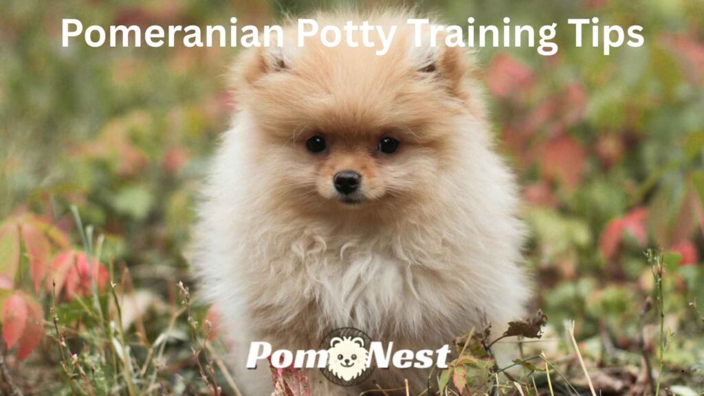Pomeranian potty training outdoors in designated area
