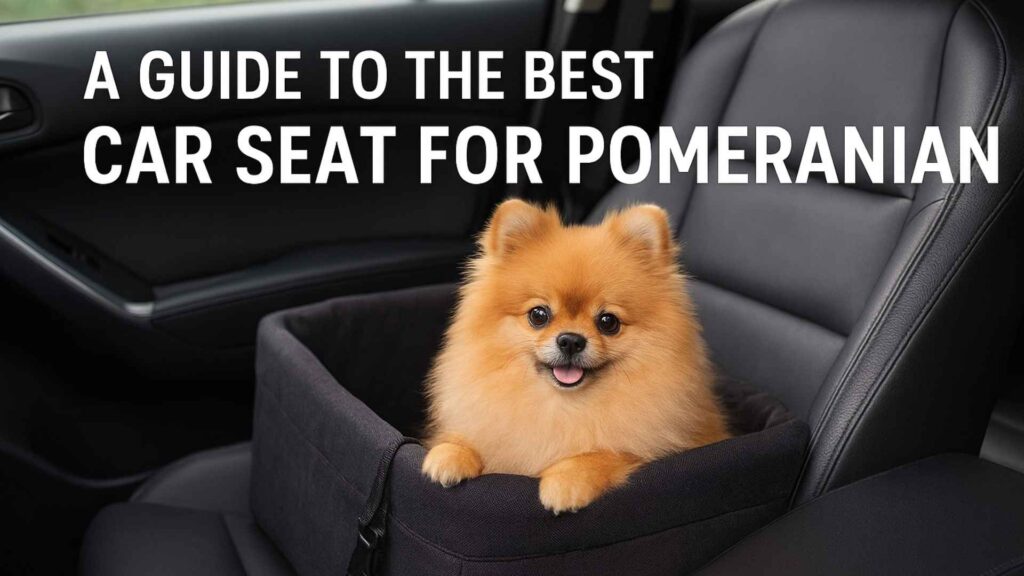 Dog sitting in the best car seat for pomeranian.