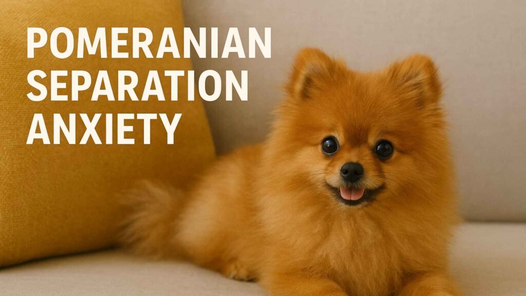 A Pomeranian showing signs of separation anxiety while waiting by the door — illustrating Pomeranian separation anxiety behavior.