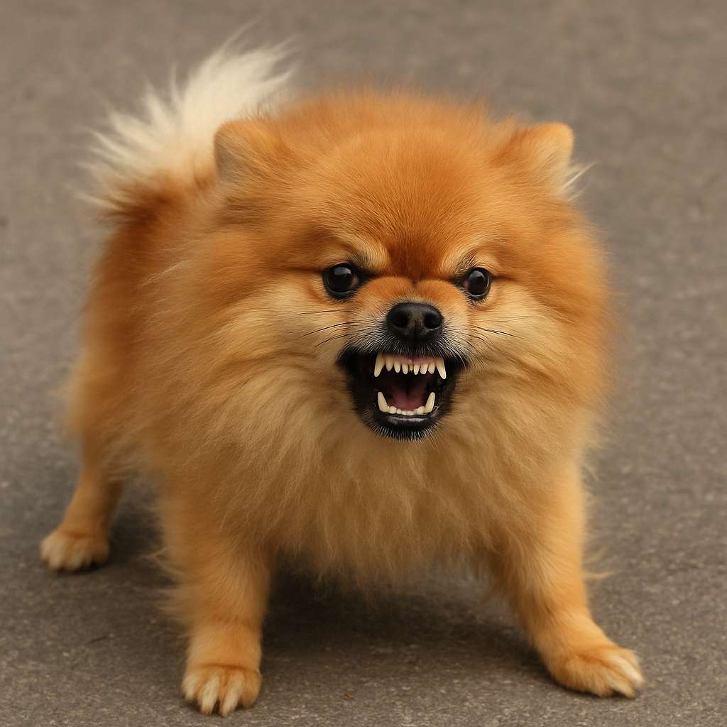 Pomeranian aggression issues shown as the dog barks at another dog.