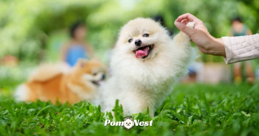 Learning how to train a Pomeranian puppy outside.