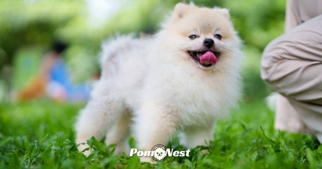 Practicing how to train a Pomeranian during playtime outdoors.