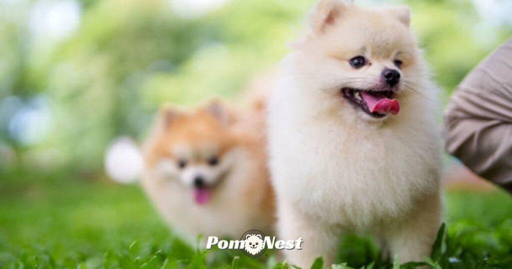 Owner demonstrating how to train a Pomeranian in a park.