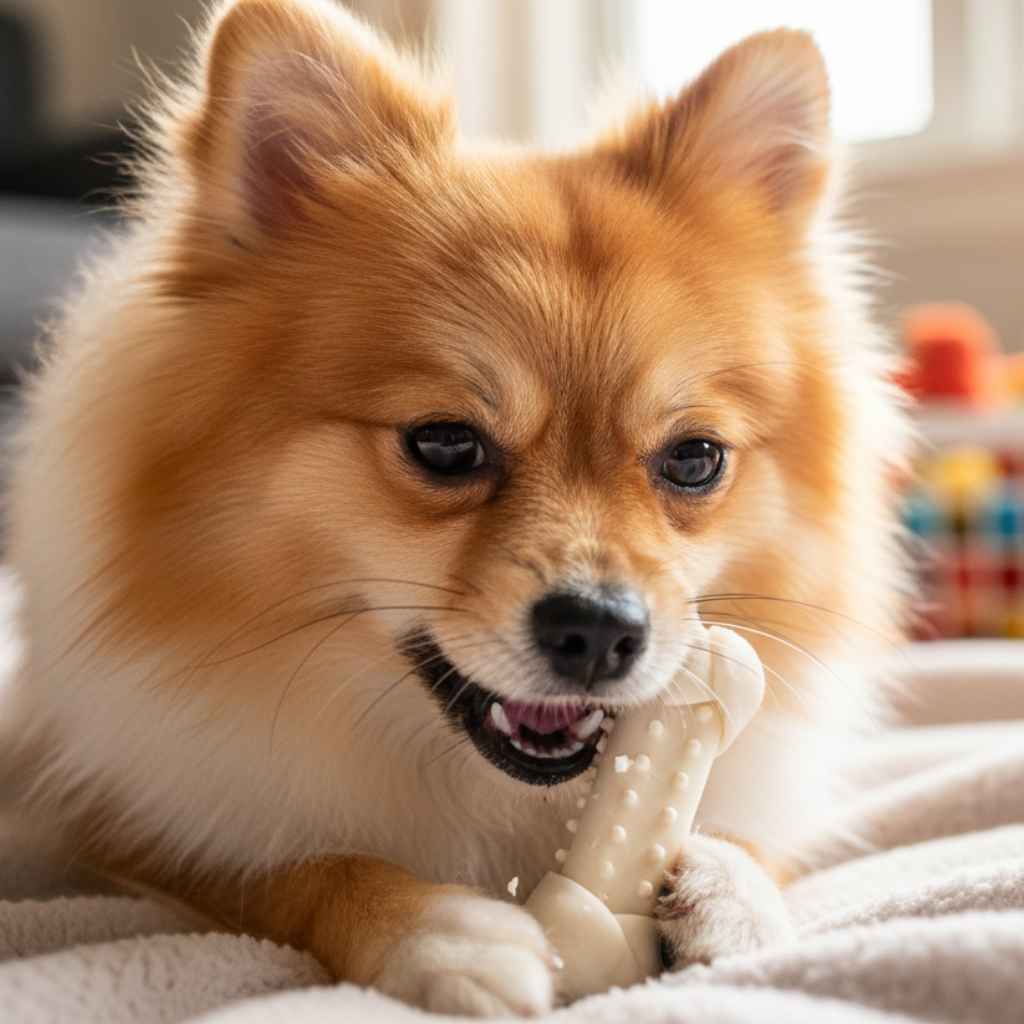 Pomeranian bone chewing.
