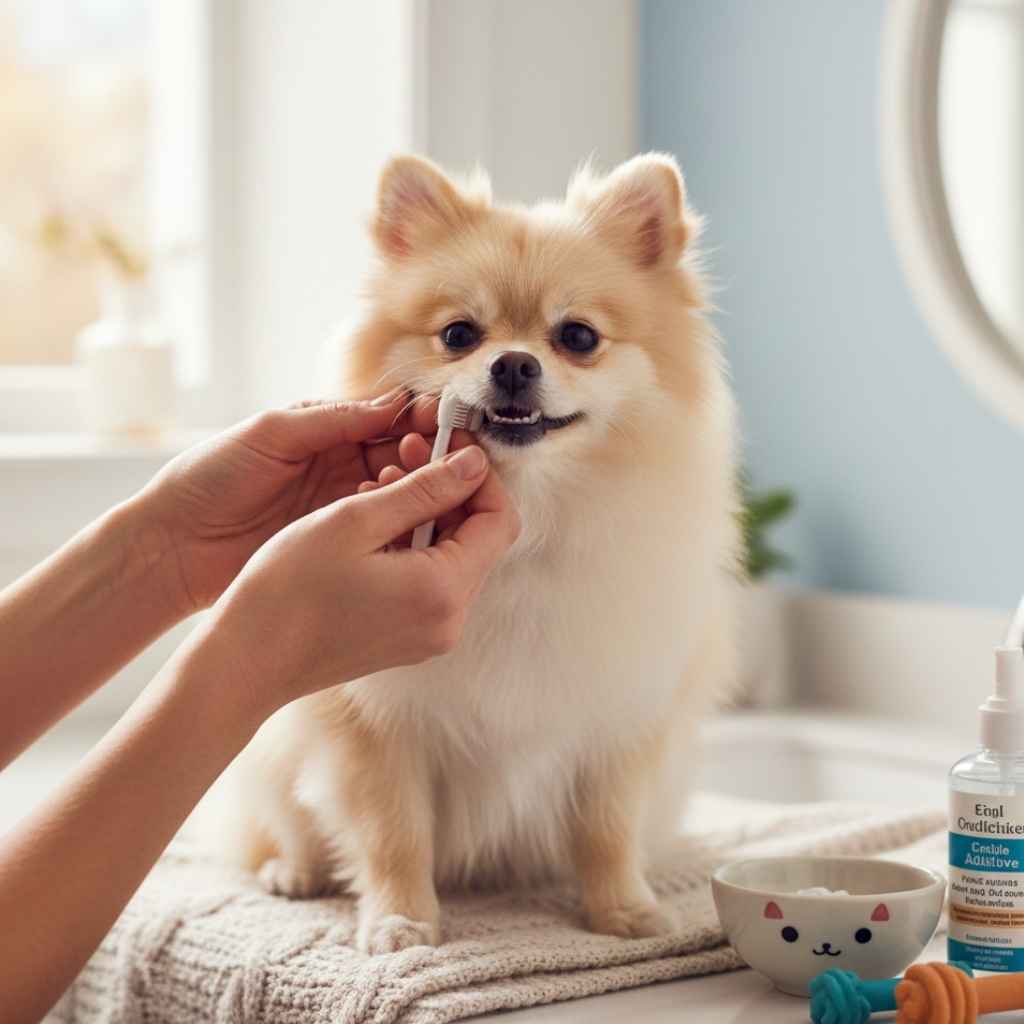 pomeranian teeth brushing for pomeranian dental health.