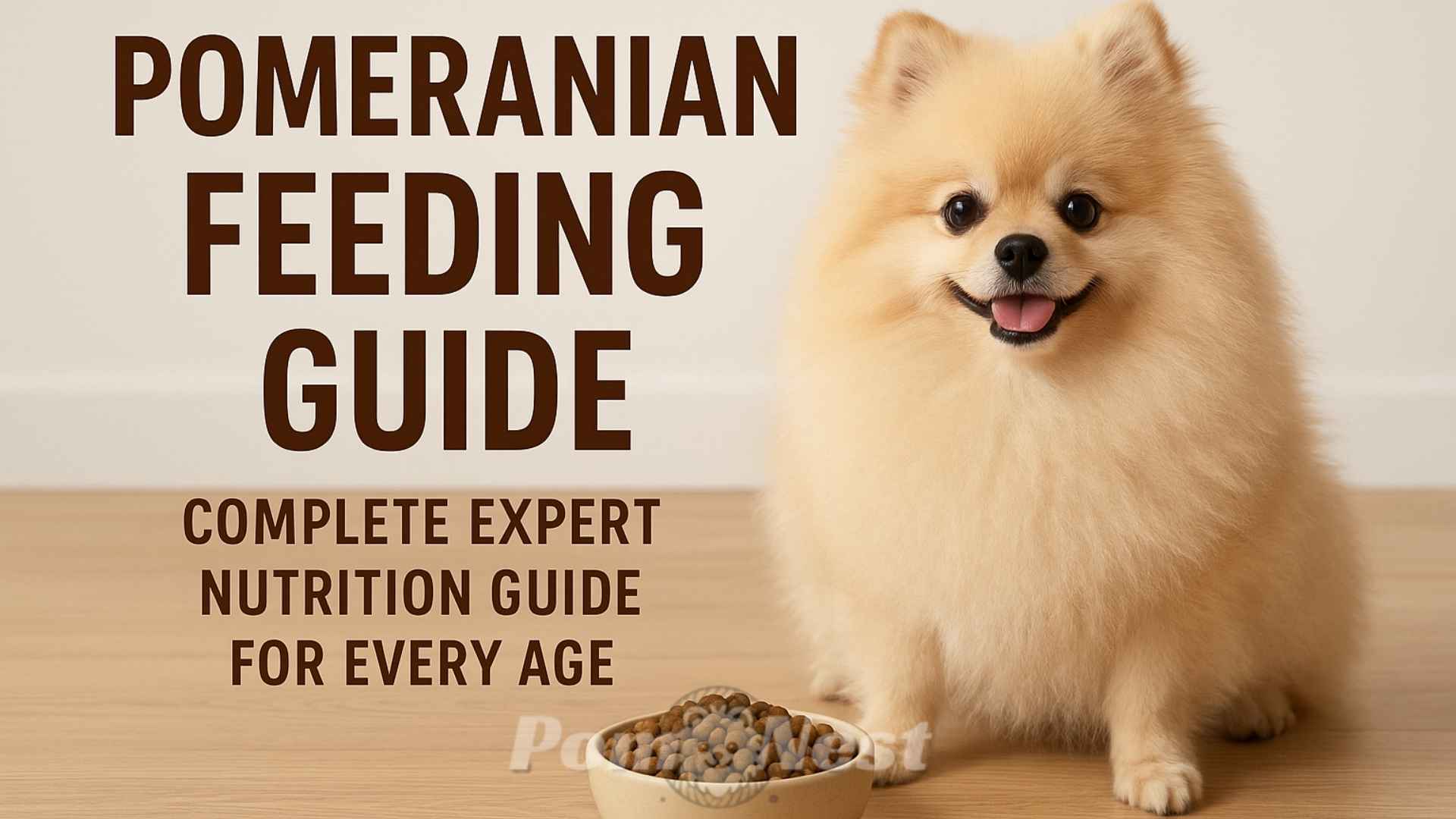 A fluffy Pomeranian sitting beside a bowl of kibble with bold text displaying the Pomeranian Feeding Guide in a clean landscape layout.