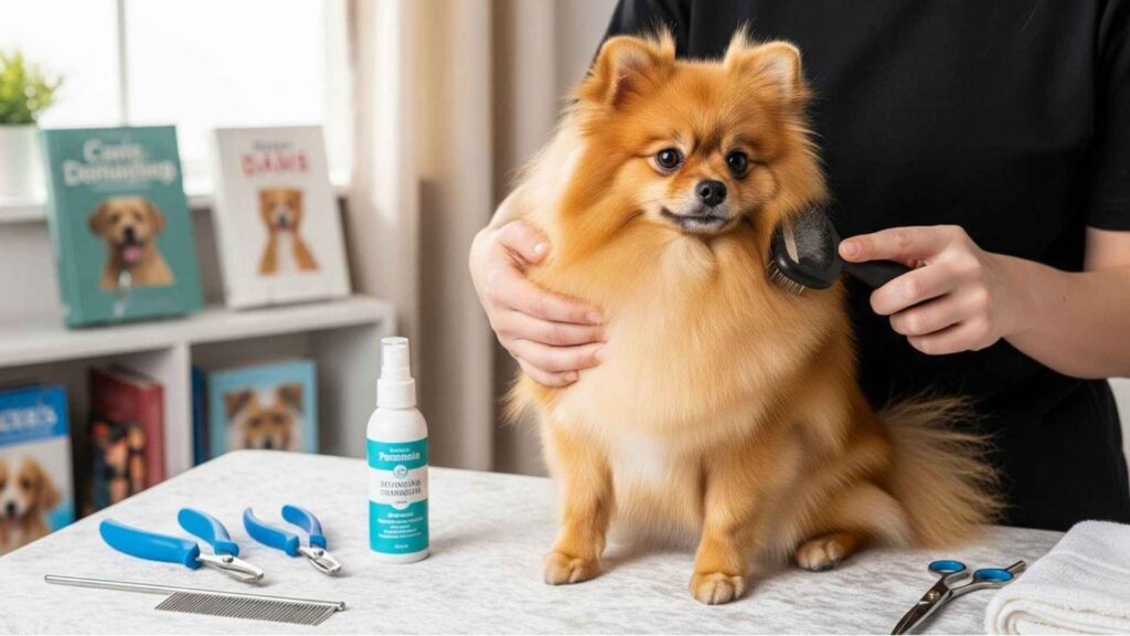 Dog is being treated for healthy coat to control pomeranian shedding.