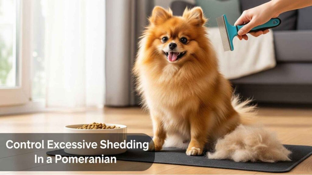 Pomeranian dog with shiny fur sitting by food bowl – how to control Pomeranian shedding.