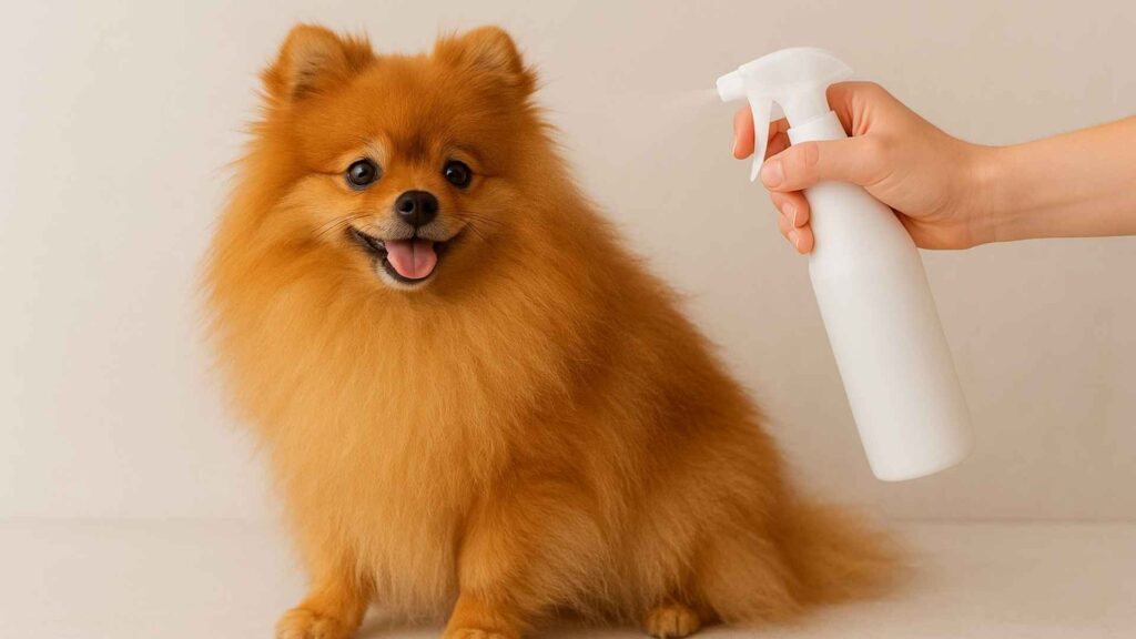 Someone is spraying the detangler sprays to the Pomeranian dog.