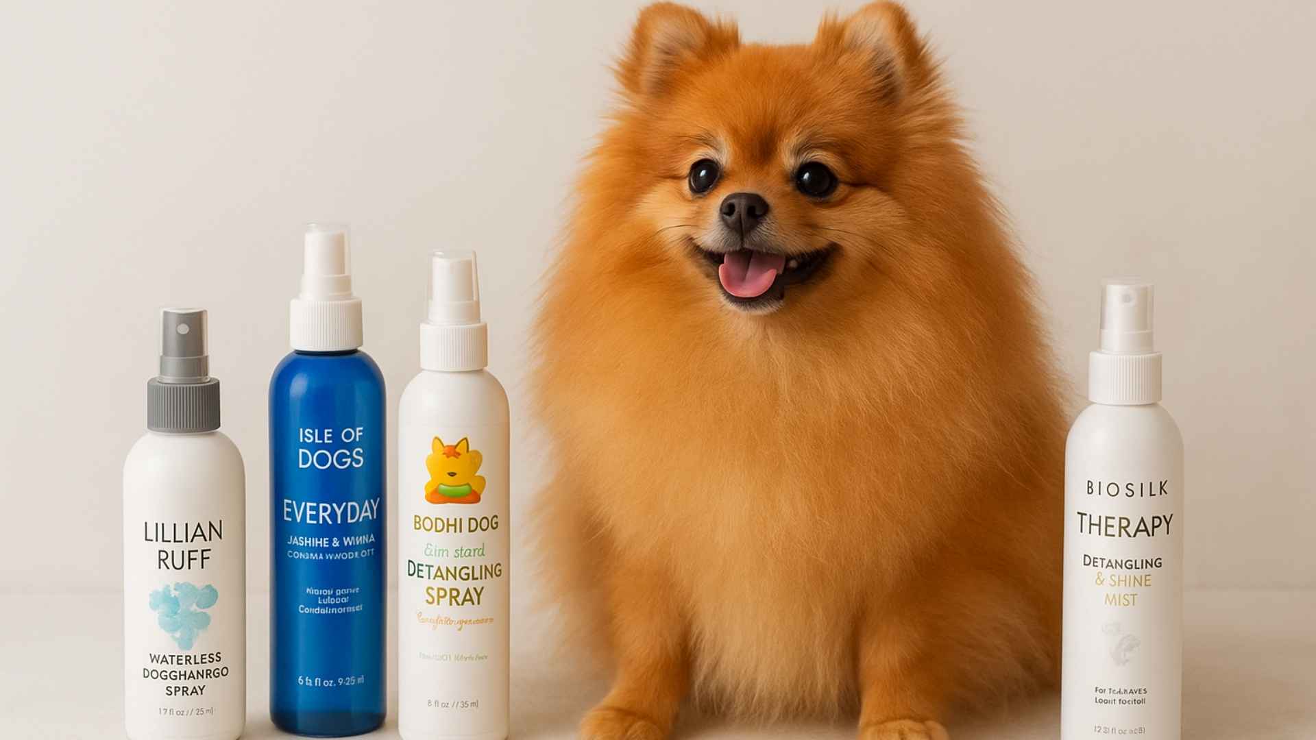Dog sitting with the best detangler sprays for Pomeranian dogs.