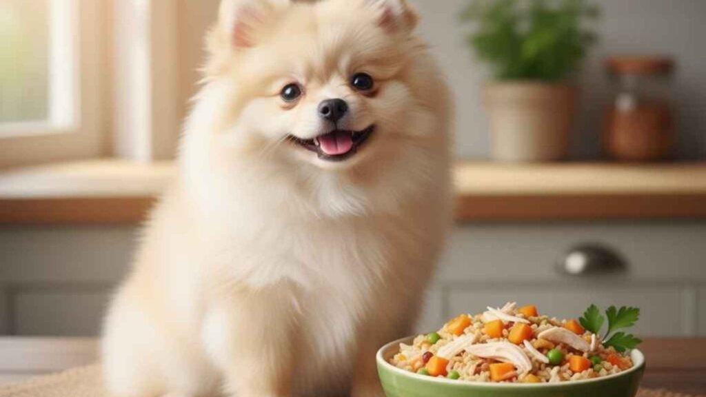 Pomeranian dog with food.